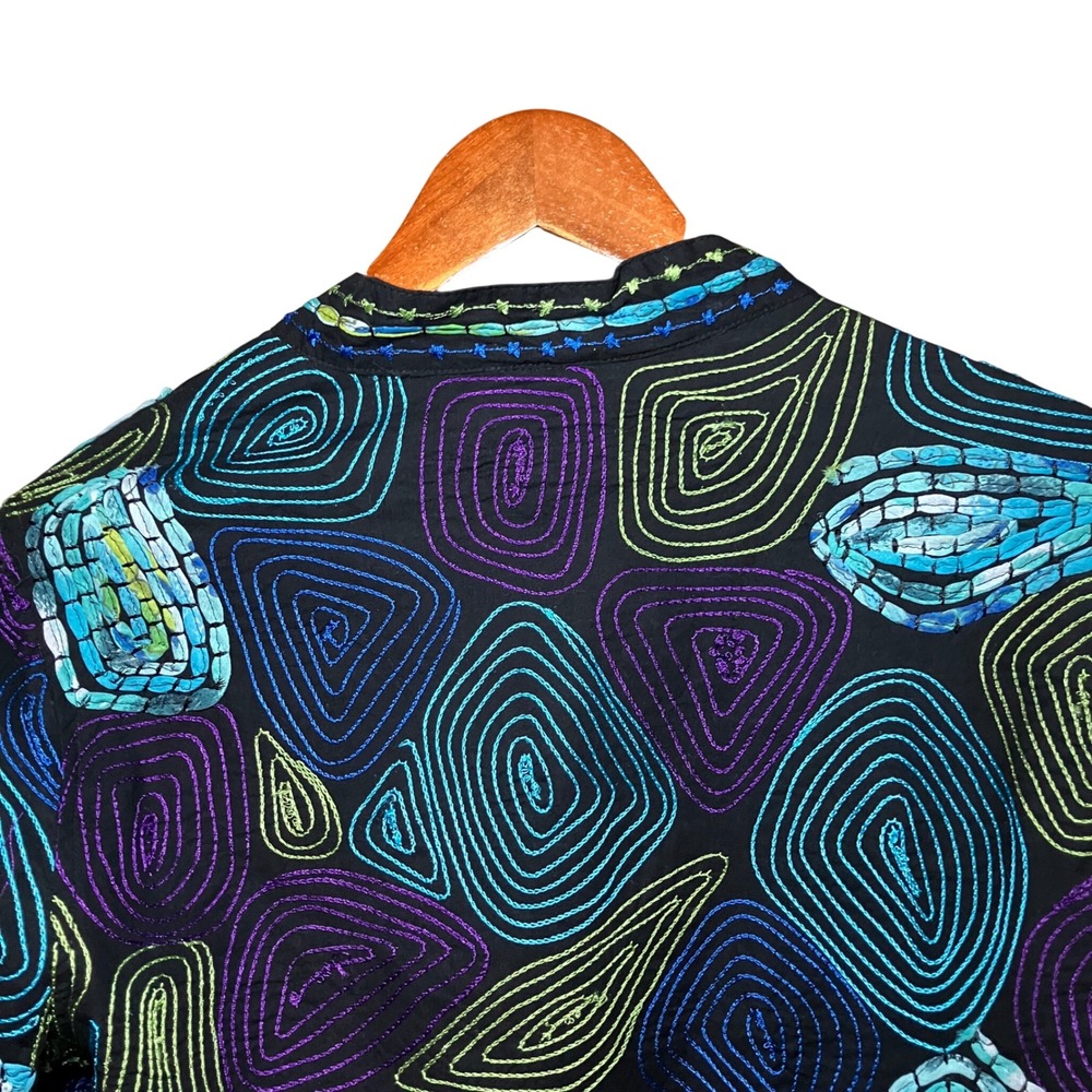 Life Style Petite Jacket Women PXL Black Blue Embroidered Art Boho Open Front - Picture 8 of 10